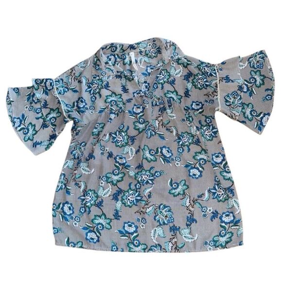 NY Collection Women's Floral Houdstooth Ruffle Sleeve Pearl Blouse Size Large - Picture 1 of 6